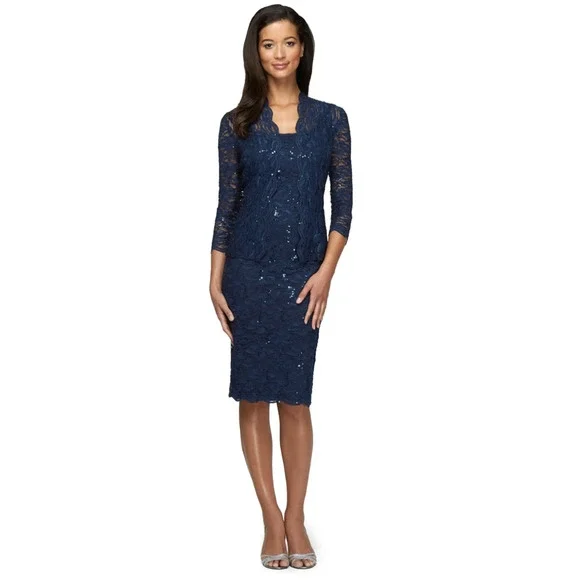 Alex Evenings Navy Blue Lace Sequin Cocktail Sheath Dress With Jacket Size 8 - Picture 12 of 12